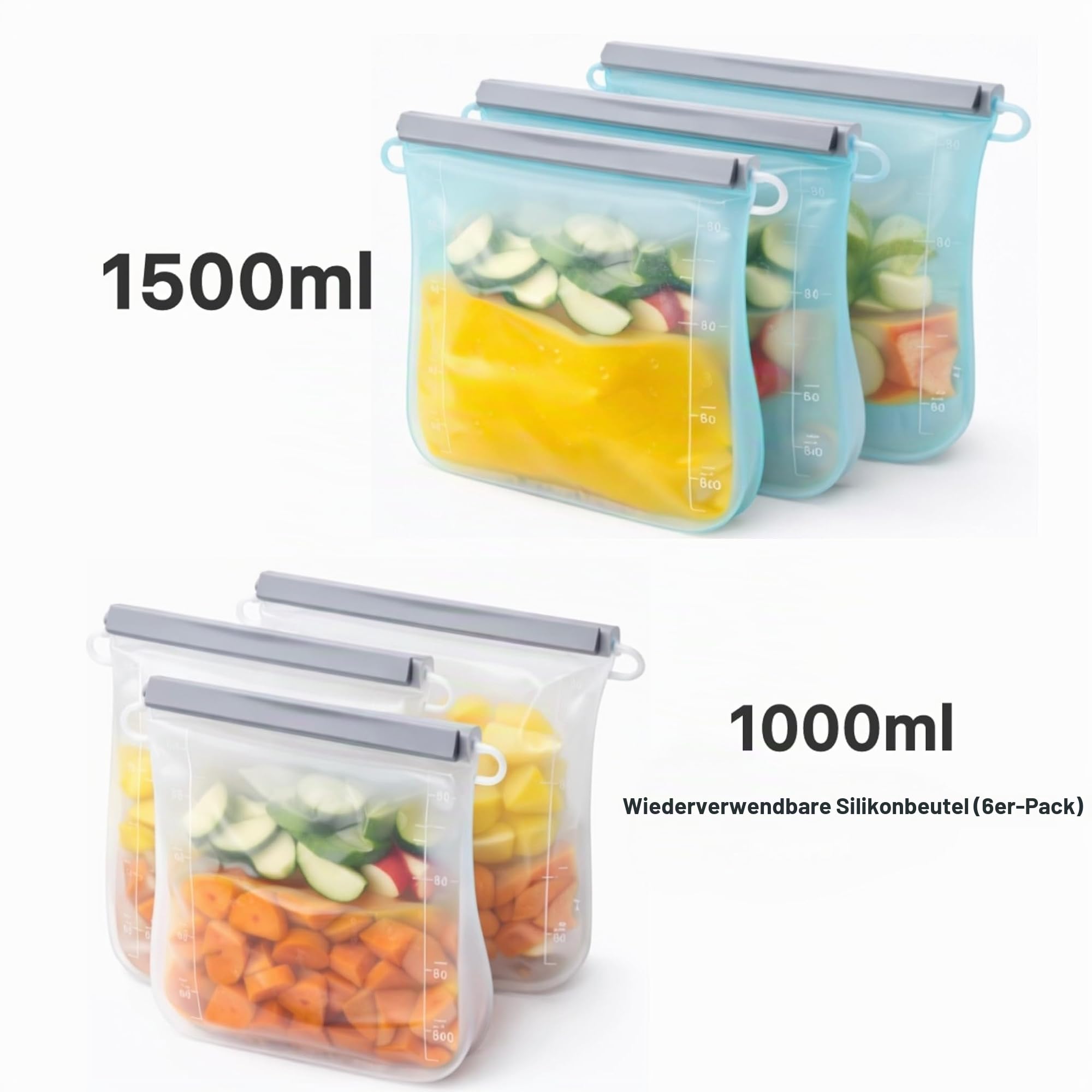 Wiederverwendbare Silikon-Lebensmittelbeutel – 6er Set (3×1L + 3×1,5L) – BPA-frei – Auslaufsicher – Gefrierfach & Mikrowelle | BPA-frei