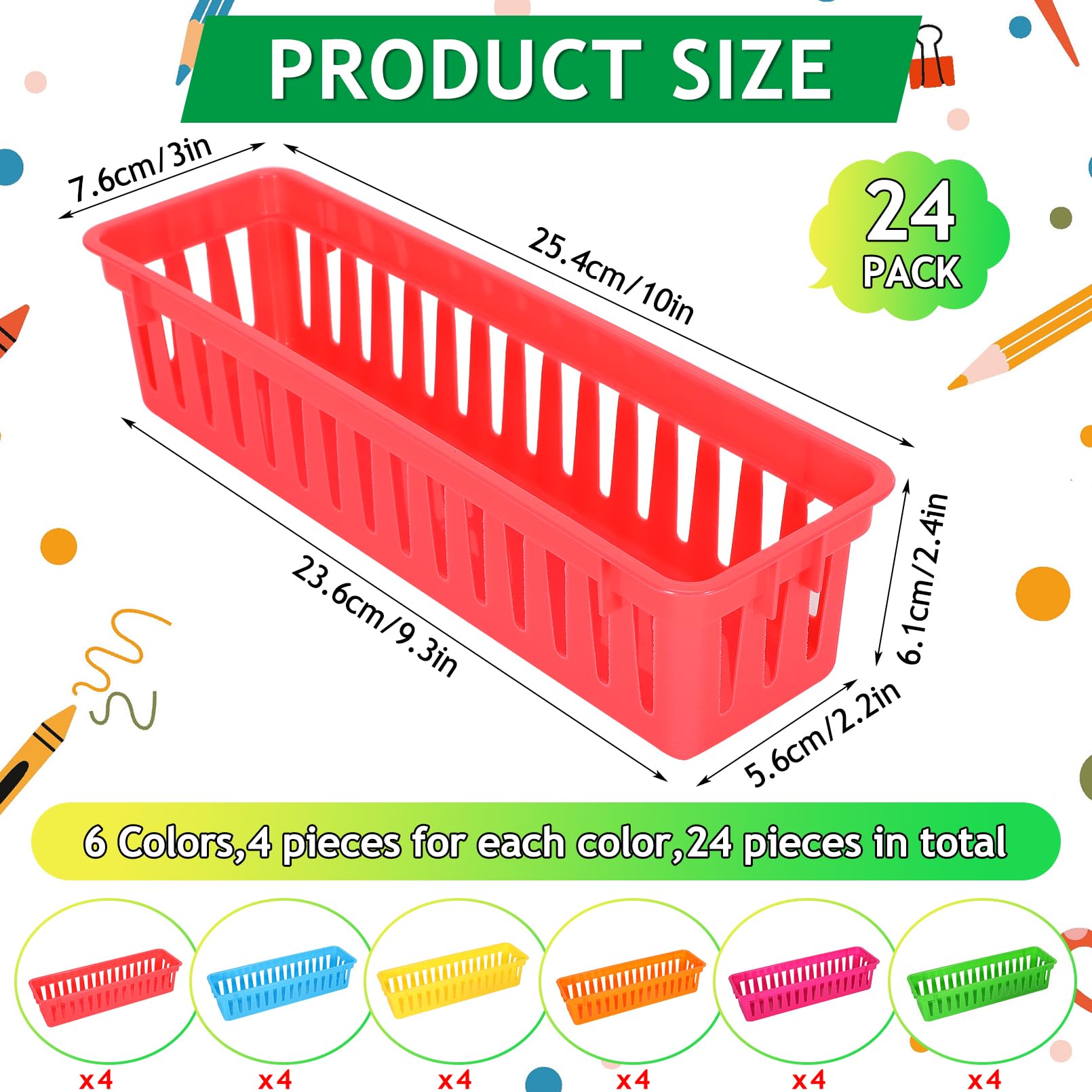 Lot de 24 paniers à crayons en plastique pour salle de classe, petits pots à crayons colorés pour salle de classe, maison, bureau, organisation, 23,6 x 5,6 x 6,1 cm (L x l x H)