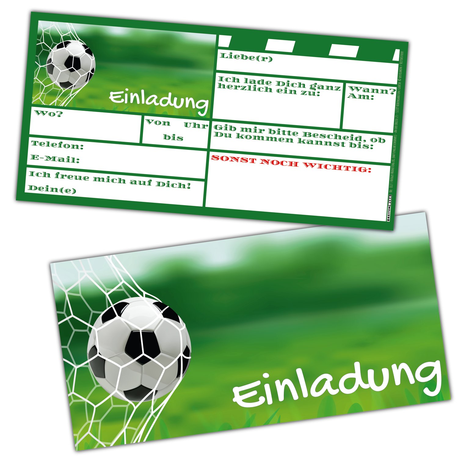 12 FUSSBALL Einladungskarten + Umschläge Für Kindergeburtstag – Motiv Fußball-Party