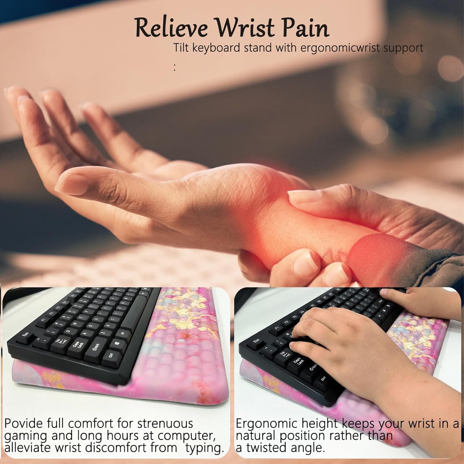 Keyboard Stand with Wrist Rest Pink Keyboard Pad with Wrist Support Marble Keyboard Wrist Rest for Computer Keyboard Stand for Desktop Ergonomic Keyboard Tilt Riser for Desk Office Home Gaming Room