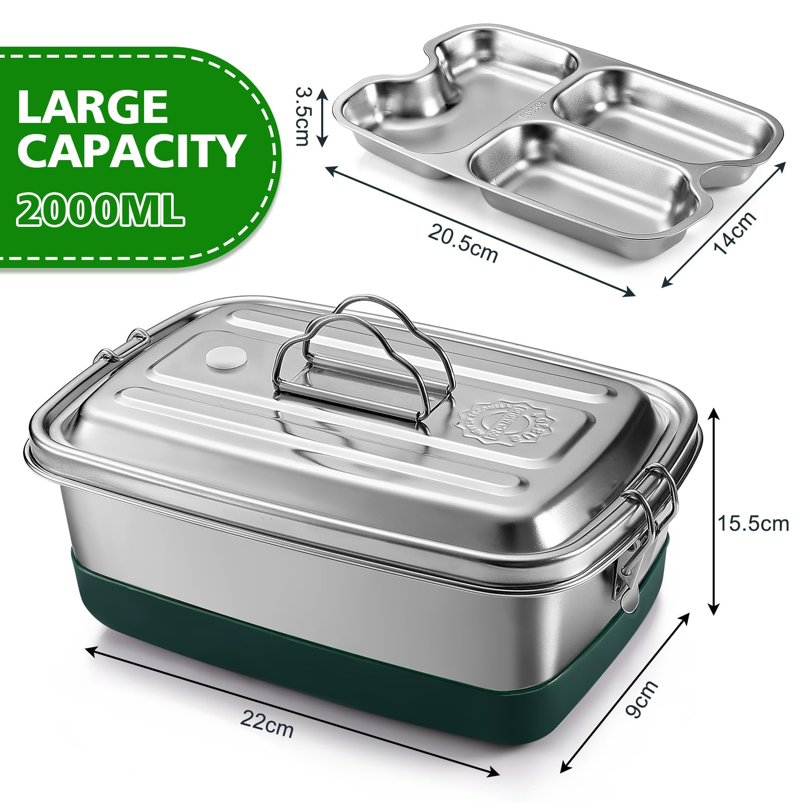 Lunch Box in Acciaio Inossidabile, 2000ml Contenitore Porta Pranzo, Bento Box, Portapranzo con 3 Scomparti, Schiscetta Pranzo, Scatole Bento, Contenitore Pranzo, per Adulti e Bambini