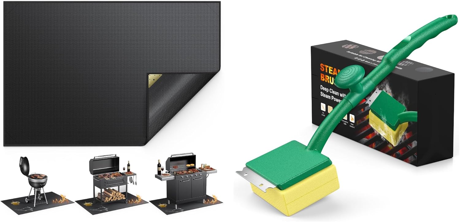 Bundle of Under Grill Mats for Outdoor Grill & Steam Grill Brush Bristle Free