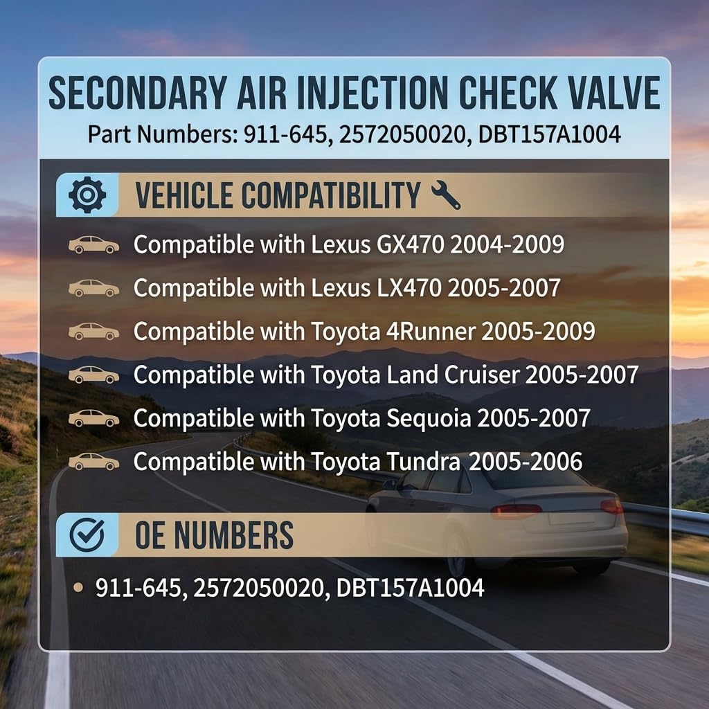 Secondary Air Injection Check Valve Compatible with 05-09 Toyota 4Runner Tundra Sequoia Land Cruiser & Lexus GX470 LX470 - Replace 2572050020 911-645 Smog Pump Check Valve Assembly