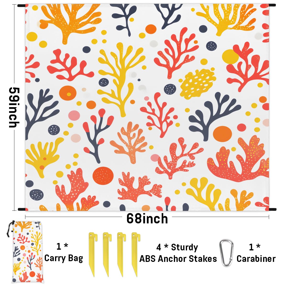 Eabrults Waterproof Sandproof Beach Blanket, 59''×68'' Ocean Seaweed Polyester Outdoor Picnic Blanket with 4 Stakes & Storage Bag for Beach,Camping,Vacation White