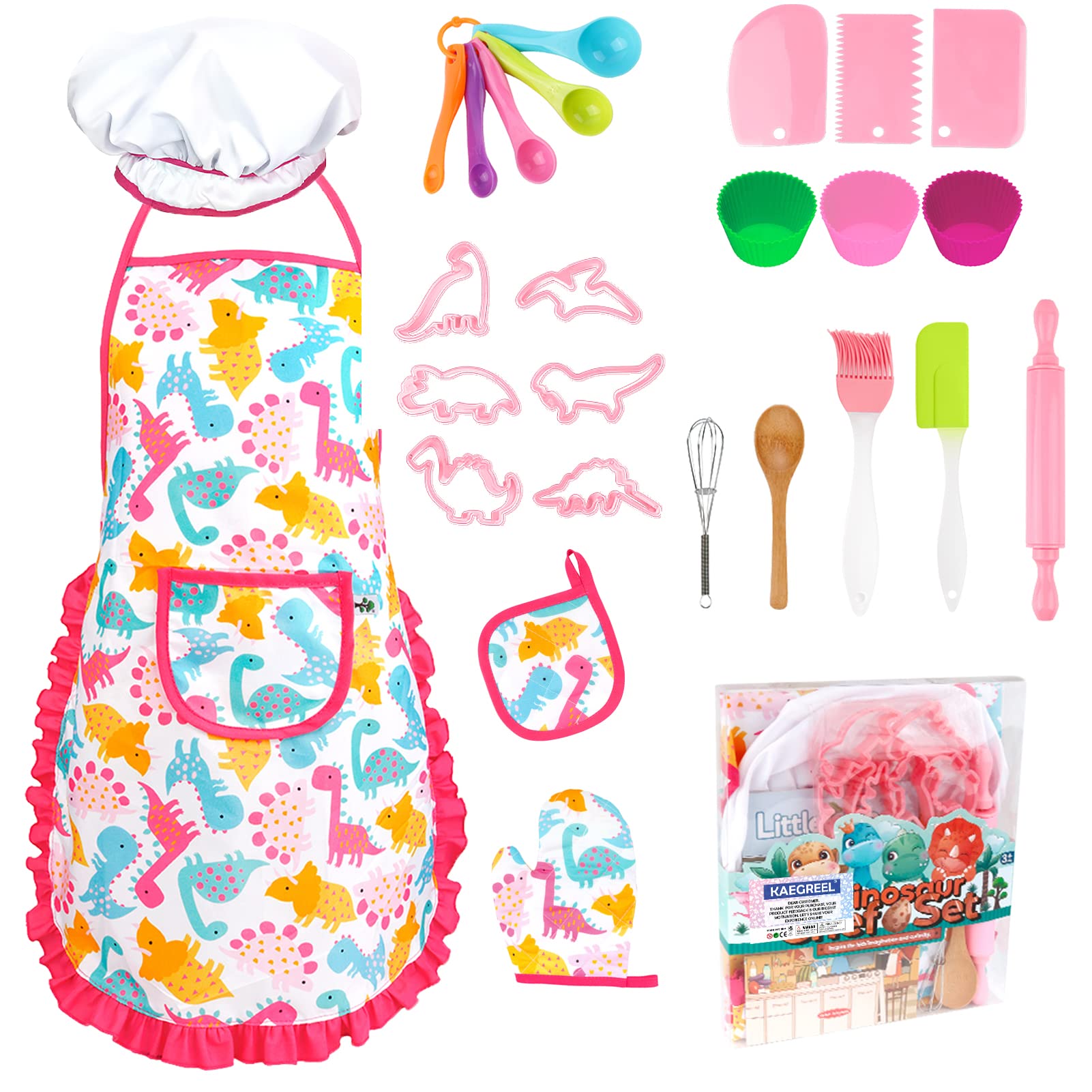 KAEGREEL Kids Baking Chef Set with Dinosaur Apron, 26pcs Kitchen Toys Kid Cooking Set with Chef Hat Spoons Whisk, Chef Dress Up Role Play Gifts for Boys Girls 3 4 5 6 7 Years Old, Pink