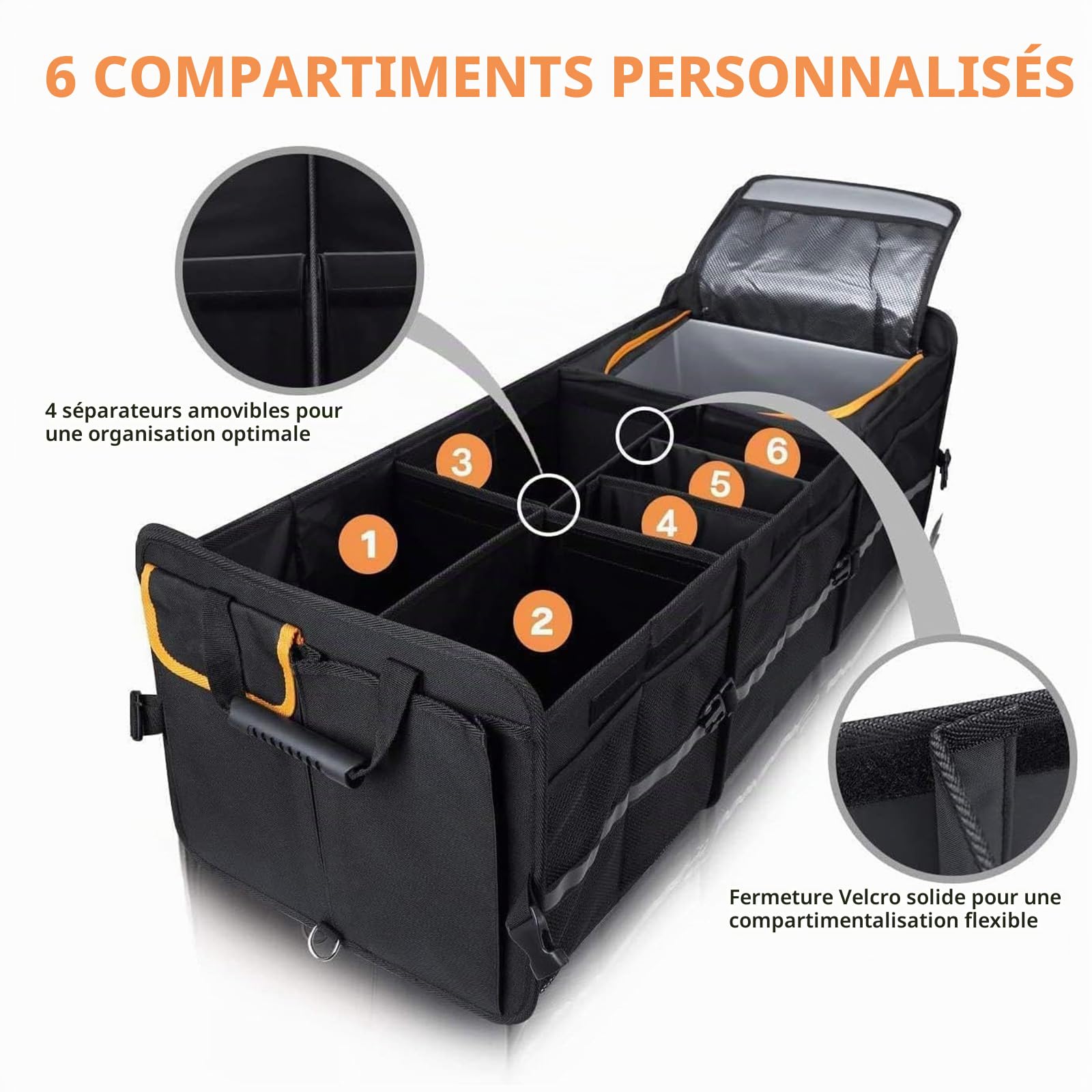 Organisateur de coffre, organisateur de coffre de voiture avec couvercle, sac pliable pour coffre, organisateur de voiture (30 x 35 x 88 cm)