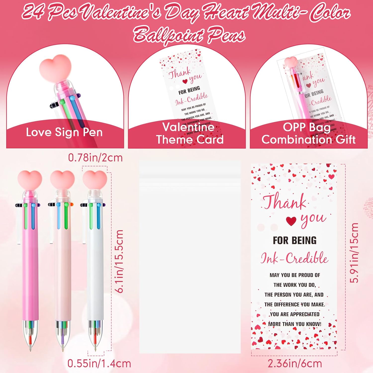 24 Sets Valentine Appreciation Pens Gifts Heart 6 in 1 Multicolor Ballpoint Pen Bulk with Inspirational Thank You Card Valentine Employee Appreciation Gifts for Staff Coworker Teacher Nurse - Image 2