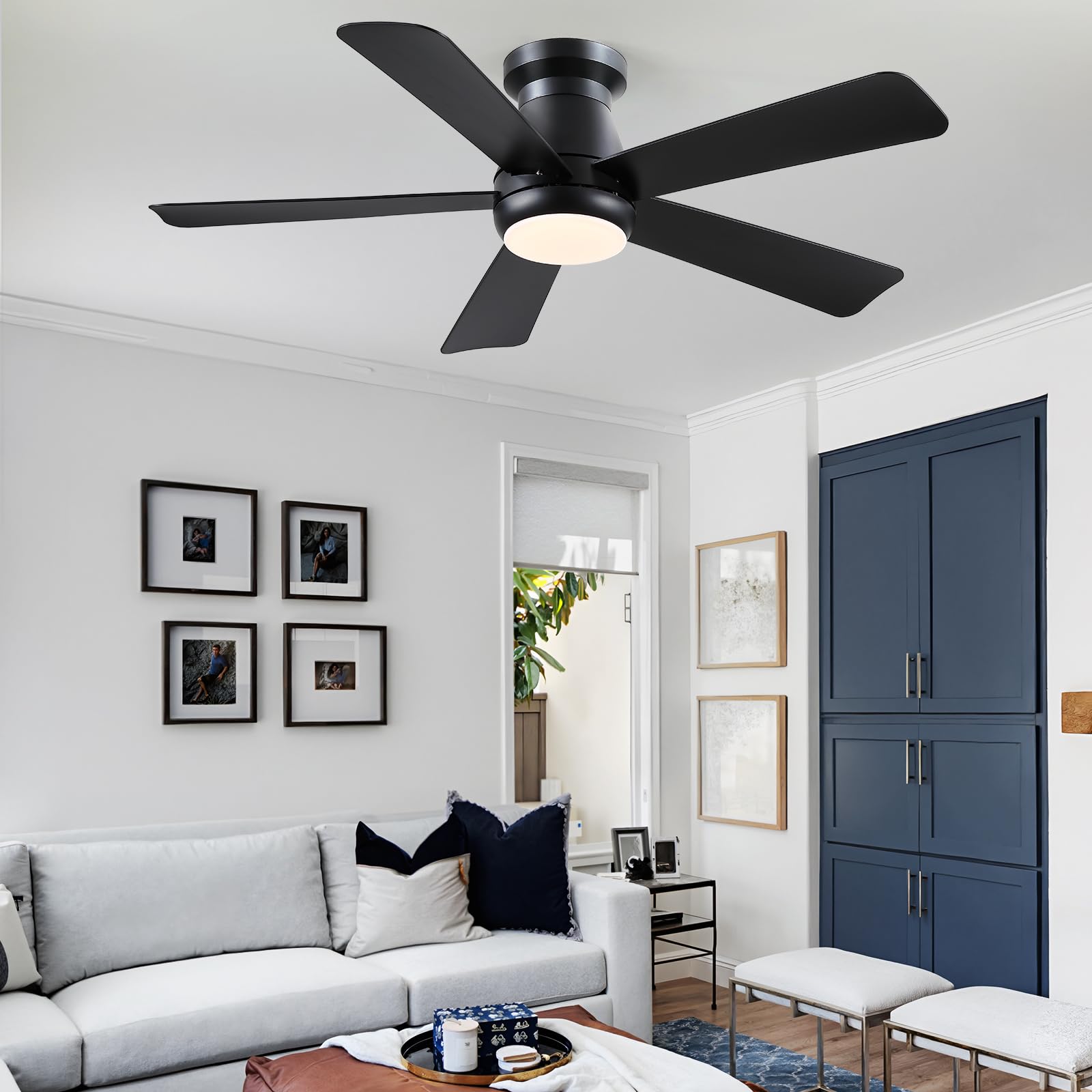 Kviflon 117 cm Ventilateur de Plafond Silencieux avec Éclairage LED, Moteur DC Basse Consommation à 6 Vitesses, Montage Affleurant (Flush Mount), 5 Pales ABS, Télécommande, Réversible Été/Hiver, Noir