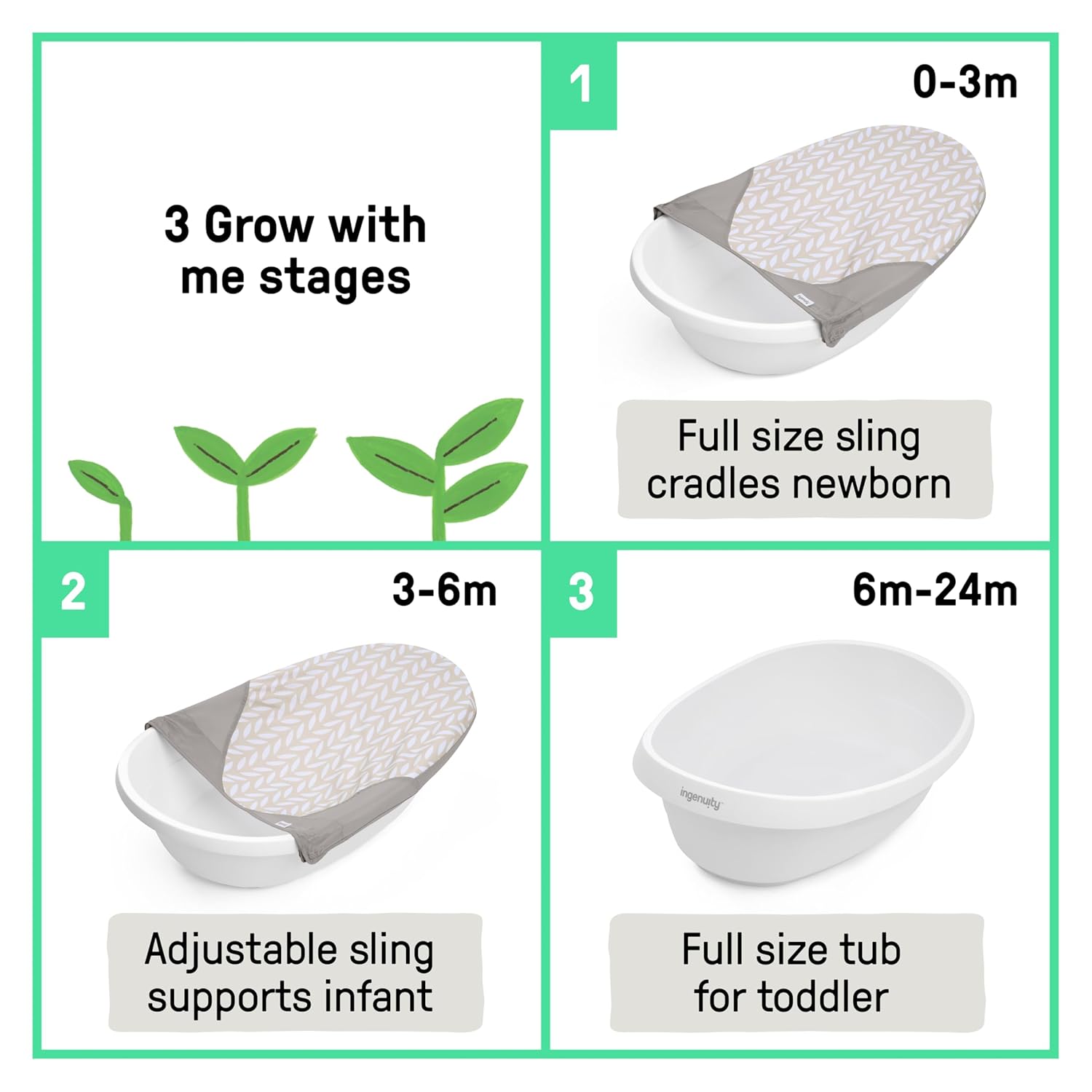 Ingenuity Sylvi Full Comfort 3-in-1 Grow with Me Baby Tub, Newborn to Toddler Baby Bath Tub, Supportive Sling, Includes Sylvie Wash Mit & Book, Easy Release Drain Plug, 0M+