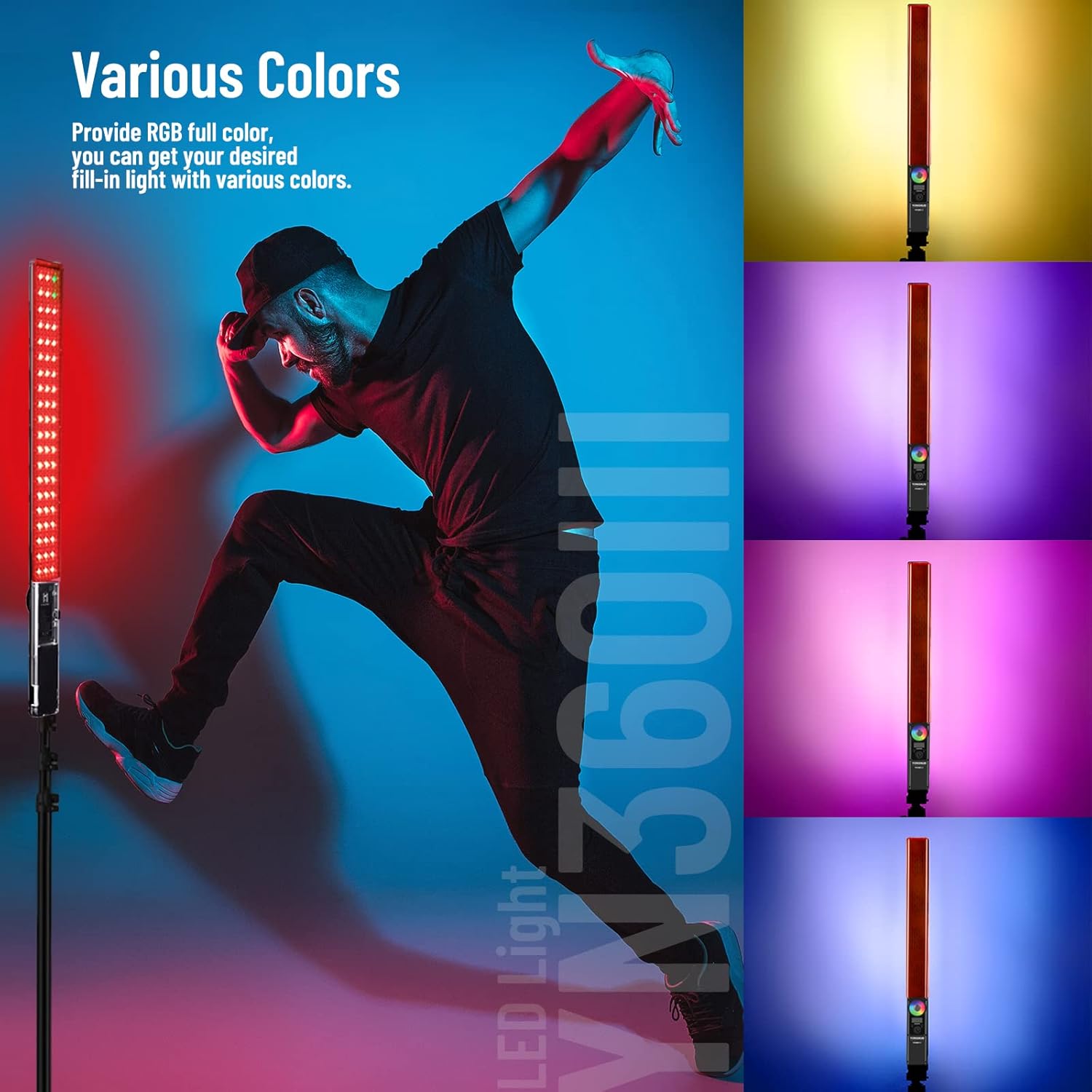 YONGNUO YN360 III displaying various RGB colors