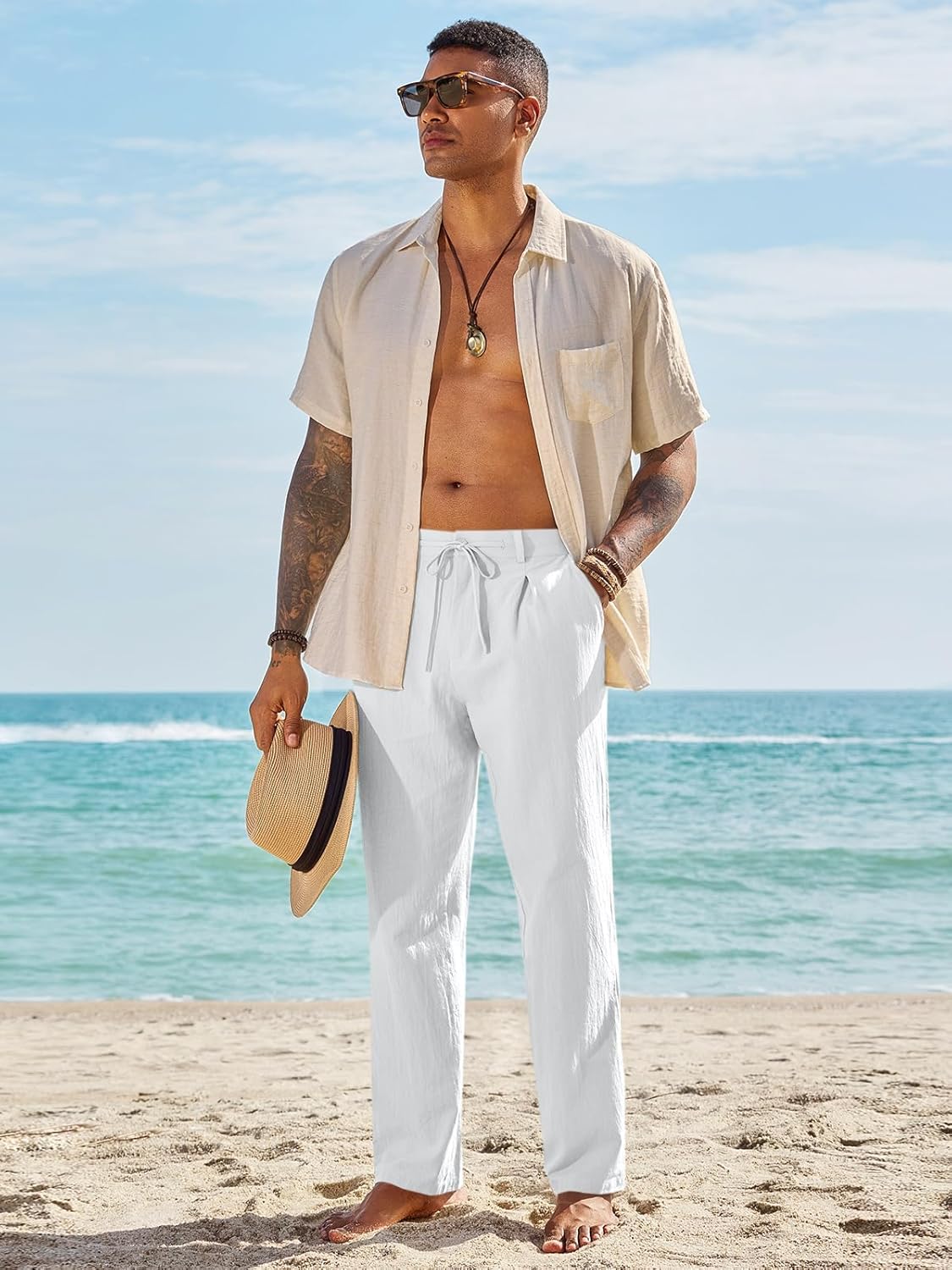 Runcati Mens Casual Pants Elastic Waist Drawstring Lightweight Pants Cotton Linen Summer Beach Yoga Trousers - Image 5