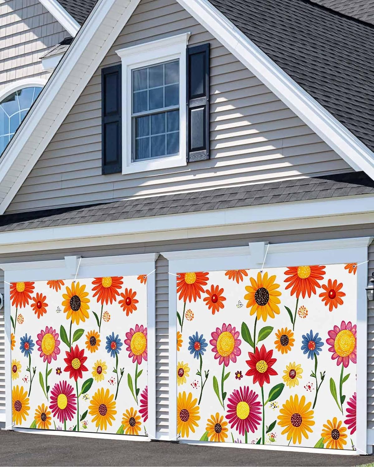 Spring Garage Door Banner Cover 7 x 8 ft, Spring Cartoon Orange Yellow Sunflower Daisy Flower Garage Door Decorations Holiday Seasonal Backdrop Decor for Spring Summer Party