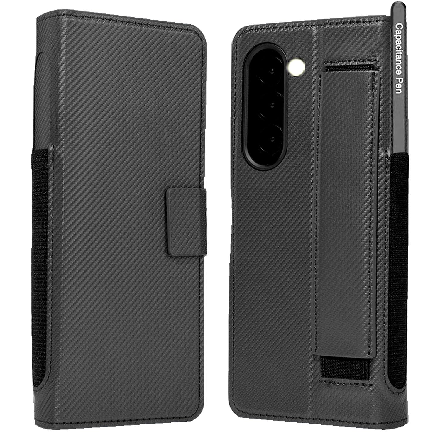 for Samsung Galaxy Z Fold 5 Wallet Case with S Pen Holder [Elastic Wrist Strap] [Carbon Fiber Texture Leather] Kickstand Card Holder Slots Protective Flip Folio Phone Cover 7.6" 2023 - Black