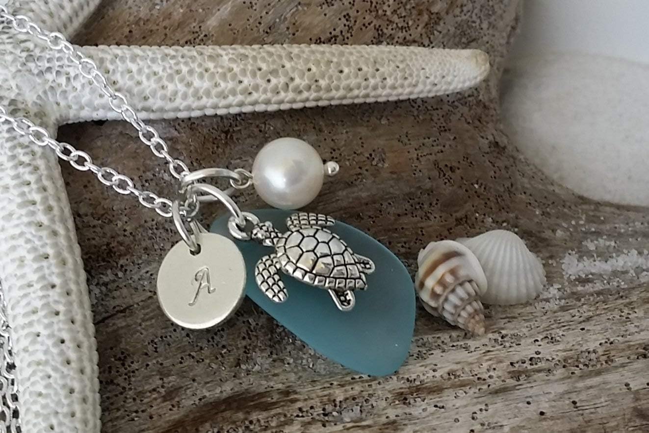 Handmade Personalized Turquoise bay blue sea glass necklace, sea turtle charm, Natural pearl, December Birthstone,(Hawaii Gift Wrapped, Customizable Gift Message)