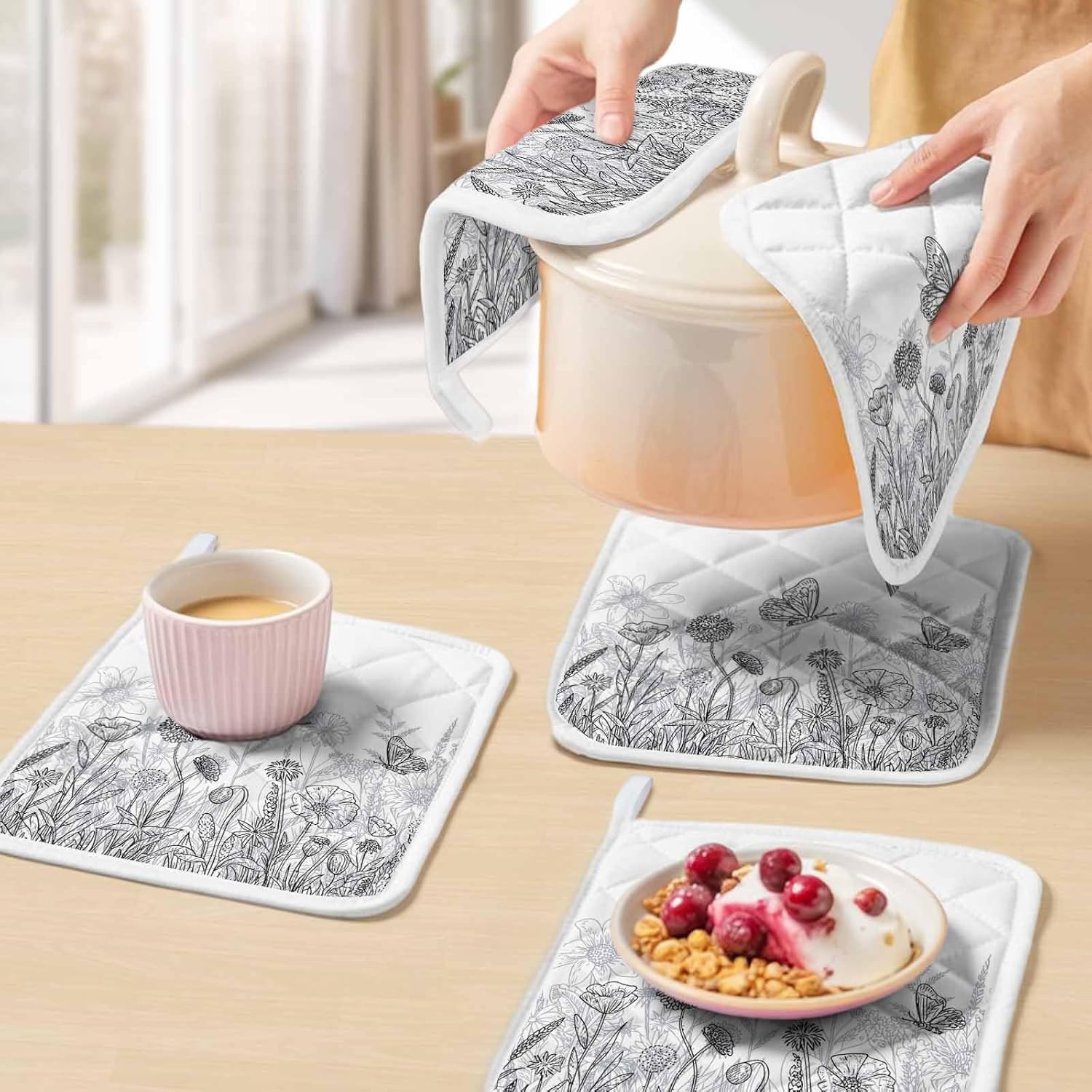 Grey Wildflowers Pot Holders for Kitchen Heatproof Potholder, 5 Pack Modern Spring Floral Butterfly Plant Hot Pads Multipurpose Oven Pads Cloth Potholders Trivet for Cooking Baking