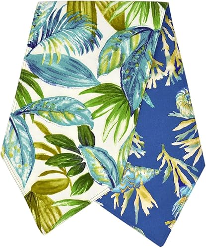 Miniatura 8 de Sweet Pea Linens Juego de dos manteles individuales rectangulares de tela para exteriores con concha azul y hojas tropicales