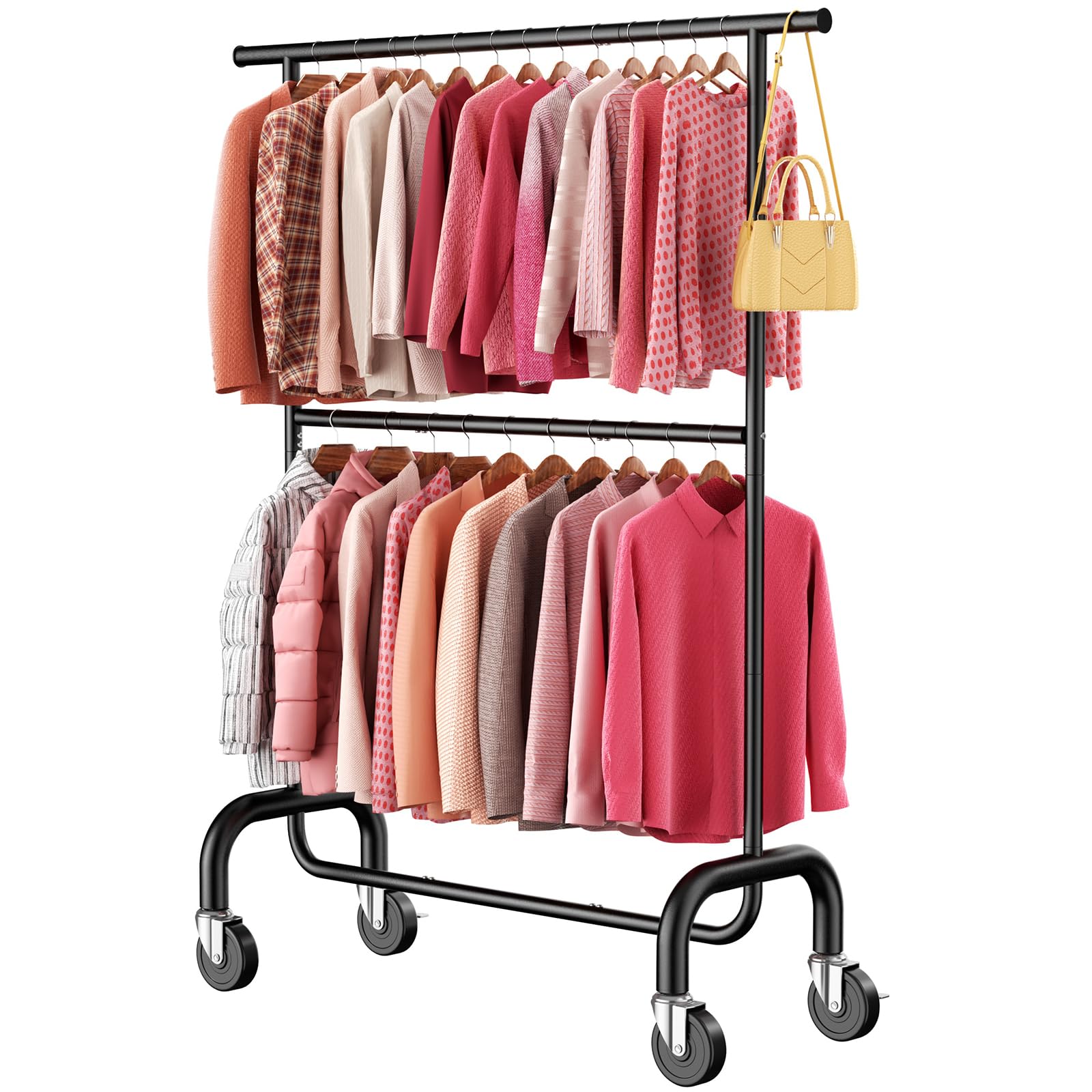 Heavy Duty Clothes Rack Load 600 LBS Rolling Clothing Rack for Hanging Clothes with Lockable Wheels Double Rod