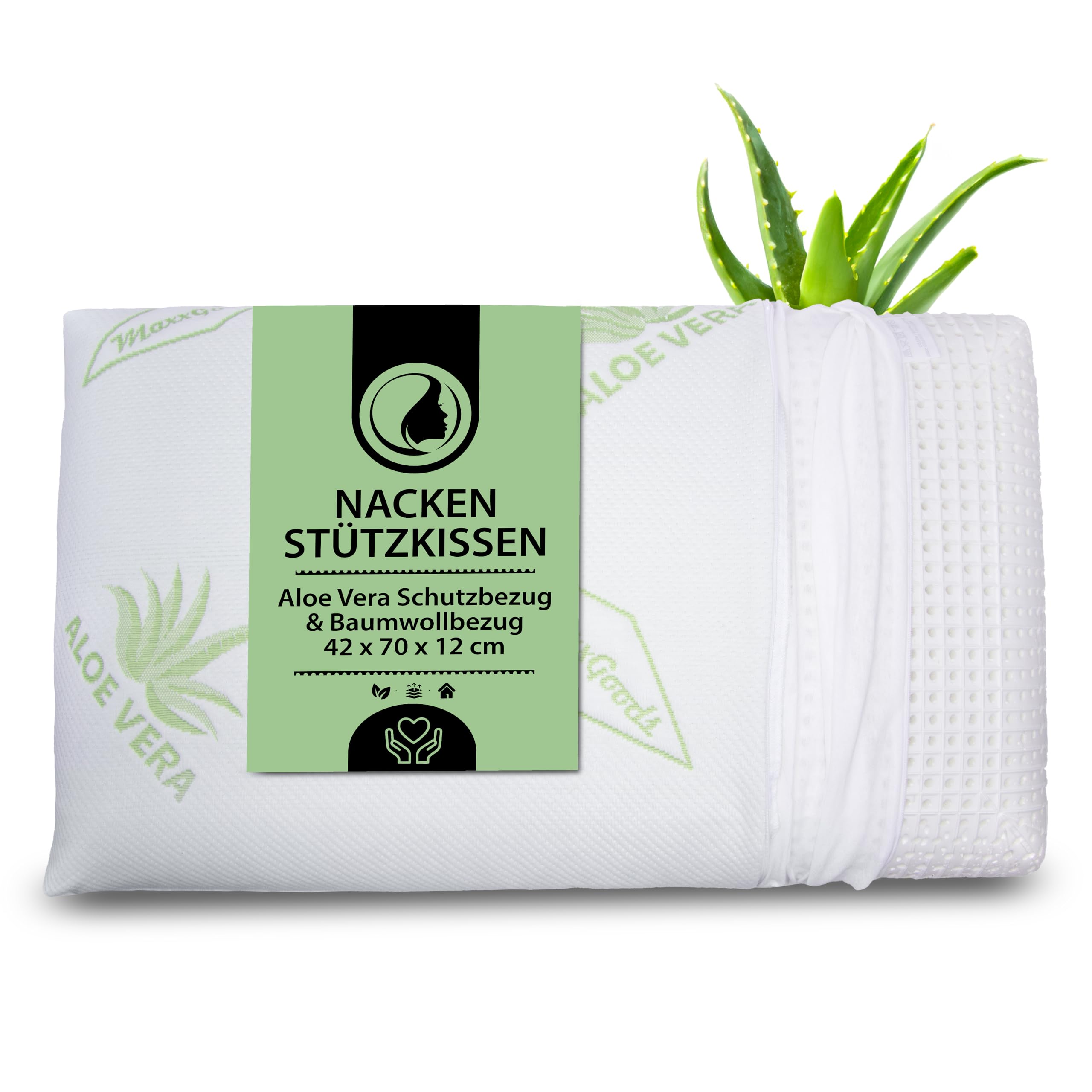 orthopädisches Kissen, Nackenstützkissen aus Visco Gelschaum mit Aloe Vera Schutzbezug & Innenbezug 100% Baumwolle - Kopfkissen für Bauch- Rücken- und Seitenschläfer (42cm x 70cm x 12cm)