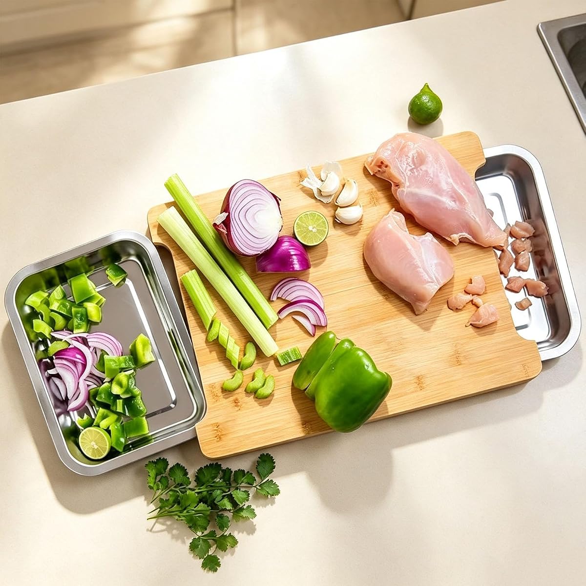 Bamboo Cutting Board with 2 Slide-Out Trays view 4