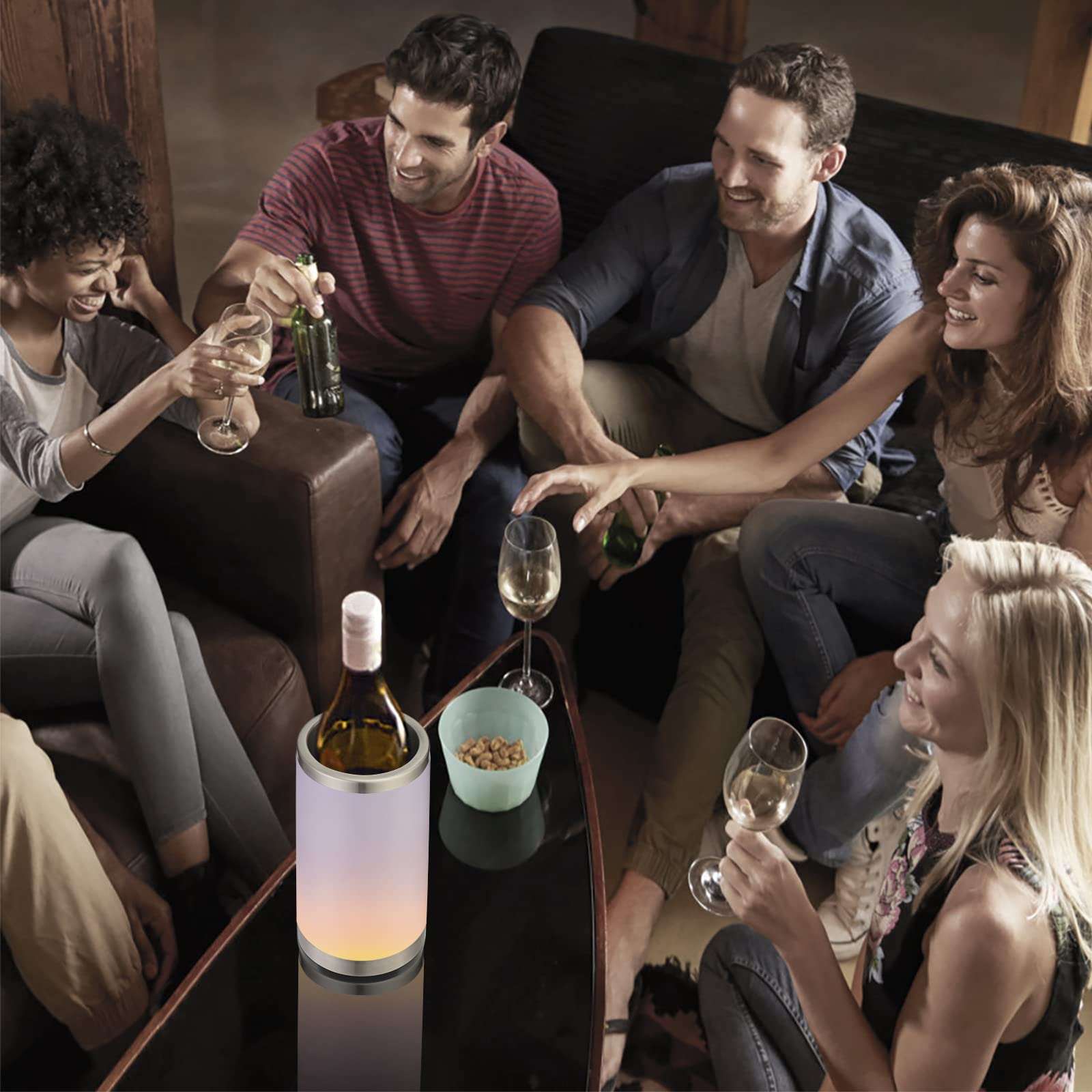 Elrigs Ambient Wine Cooler with Rechargeable RGB Touch Light and 2 Cooling Pads for 750 ml Champagne/Wine, Ideal Wine Gift for Families / Men