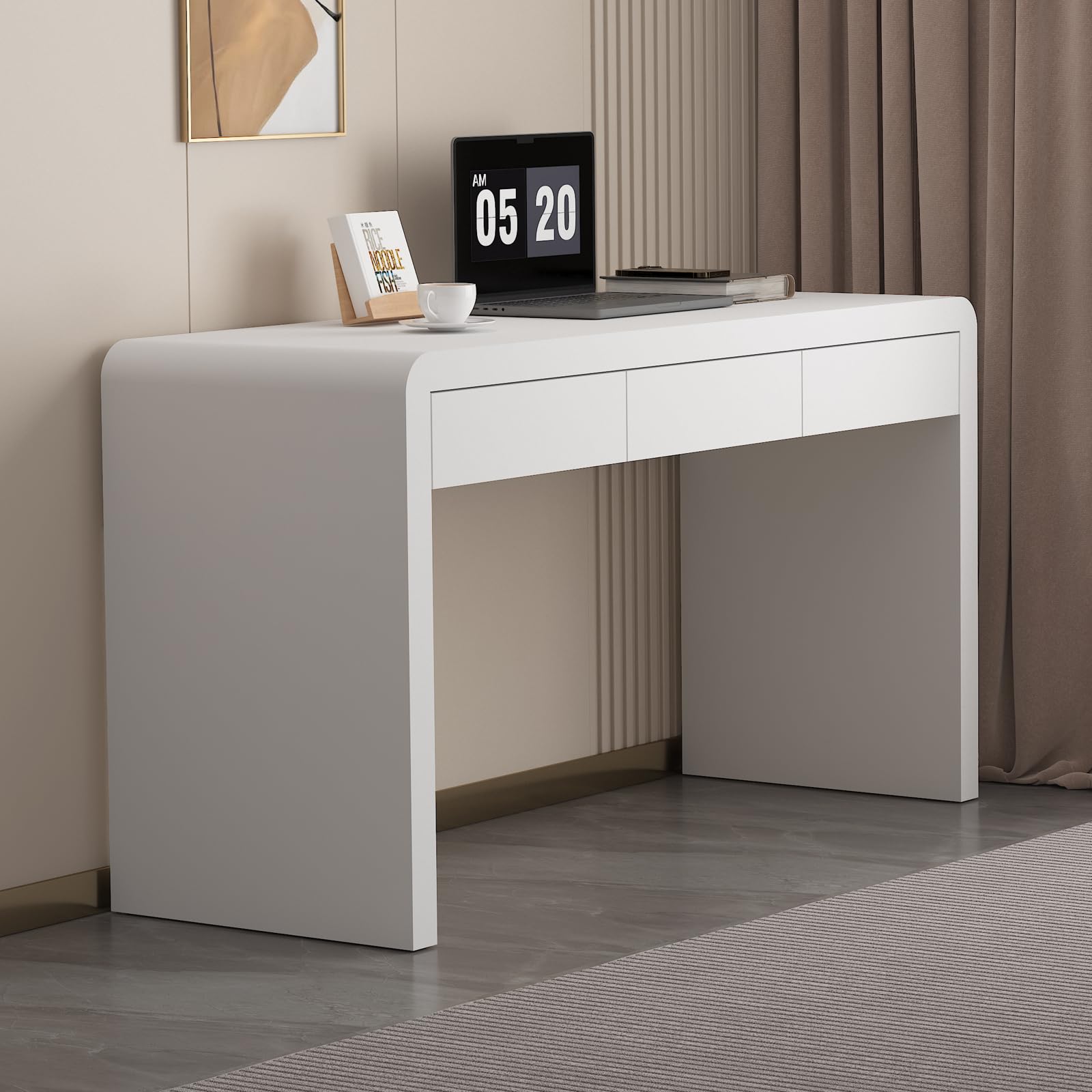 White Computer and Gaming Desk with Drawers.Home Office Desks for Bedroom.Wooden Kids' Writing Table.Three-Layer Lacquered Thick Wooden Board Work Desk That Can Be Used As A Vanity(Z-102)