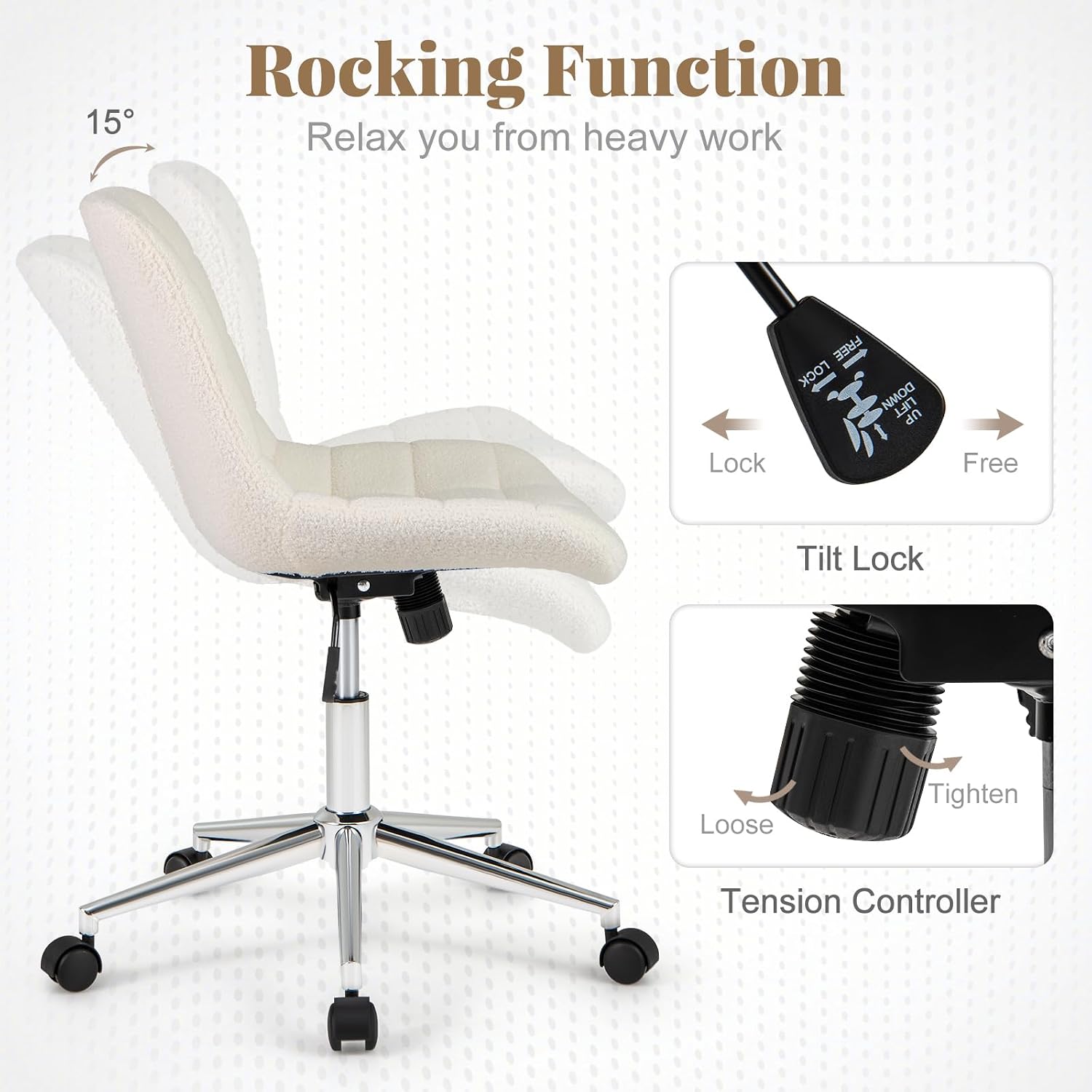 Giantex Armless Office Chair, Modern Faux Fur White Vanity Chair with Wheels & Adjustable Height, 360° Rolling Swivel Task Computer Seat, Home Office Desk Chair for Makeup Bedroom Small Space