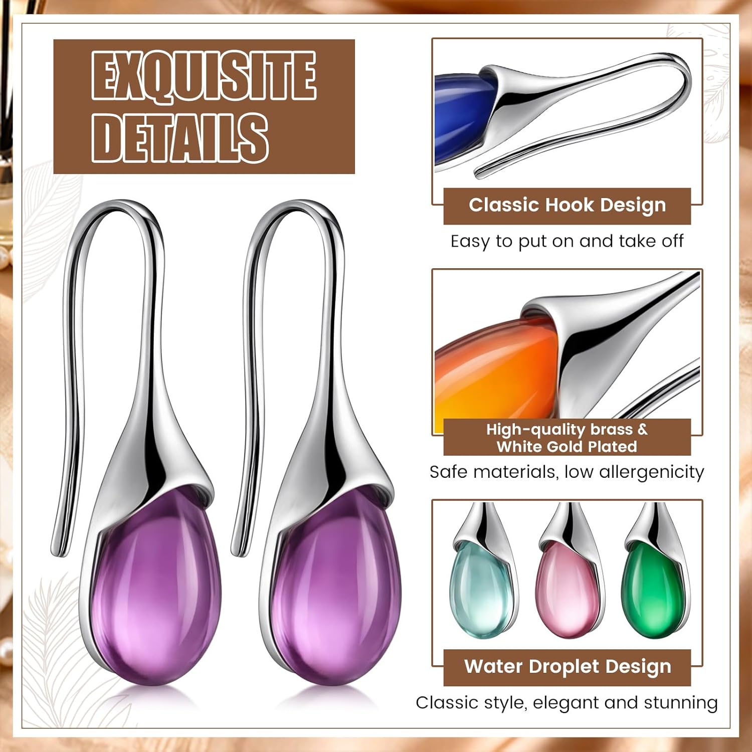 Nosiny 12 Pairs Teardrop Earrings for Women Teardrop Druse Crystal Drop Rainbow Dangle Hook Earrings for Valentine's Day Christmas Birthday Gifts(12 Colors) - Image 3