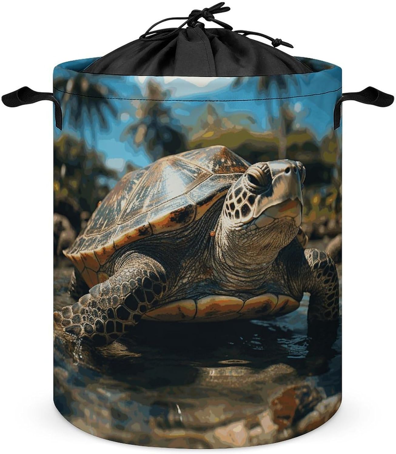 Big Turtle And Palm Trees Laundry Basket Collapsible Clothes Hamper with Reinforced Handles Large Capacity Waterproof Laundry Bag Freestanding Laundry Hamper for Bedroom Bathroom