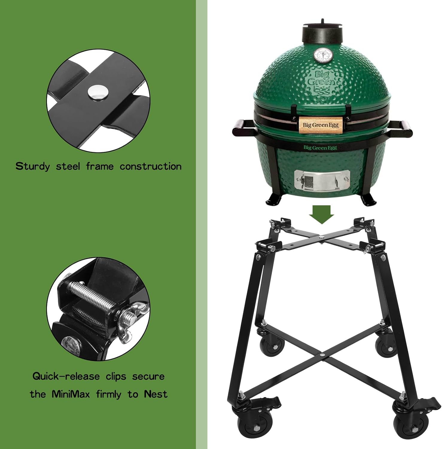Rolling Cart Nest for MiniMax Big Green Egg Accessories,Powder Coated Steel Grill Stand with Heavy Duty Locking Caster Wheels,Green Egg Rolling Nest for Minimax BGE Grill Stand