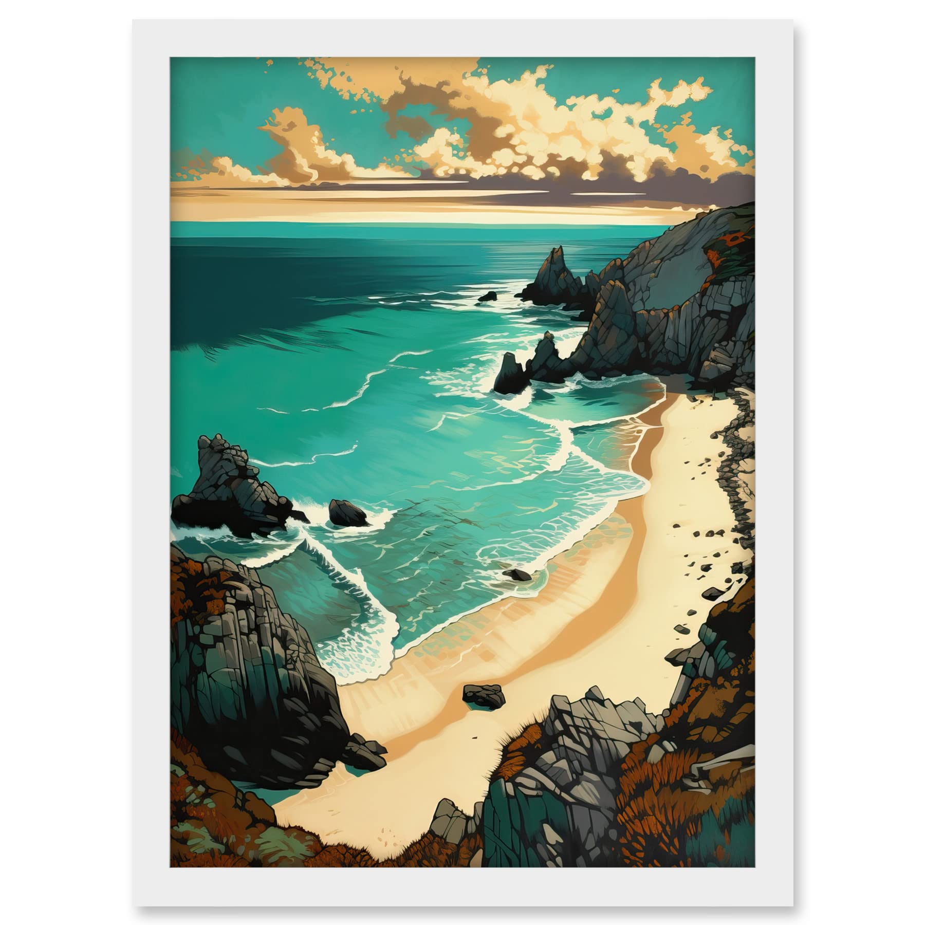 Artery8 Porthcurno Sandy Beach Cliffs Coastal Landscape Artwork Framed A3 Wall Art Print