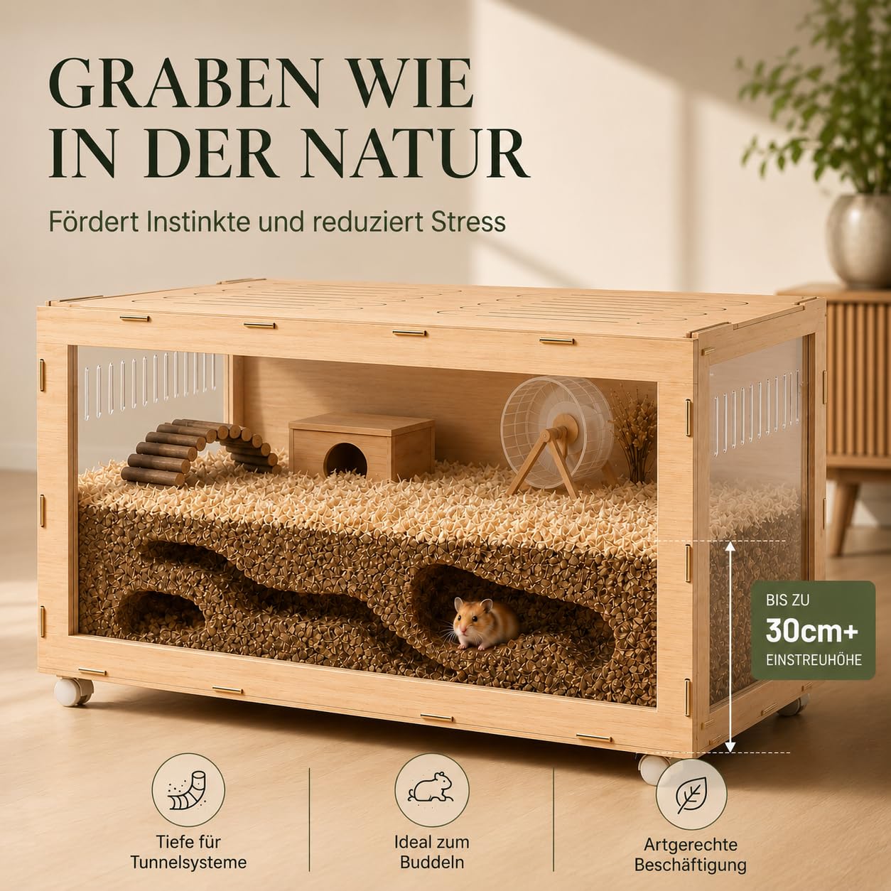 Hamsterkäfig Leopold XXL 120x60x60cm | Hamsterkäfig aus Acrylglas | Aus Lindenbaumholz gefertigt | Artgerecht und modern | Nagarium
