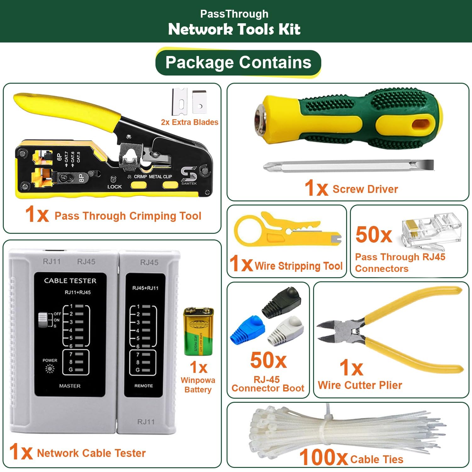 Pinza crimpatrice pass-through RJ45 con tester per cavi, crimpatrice Ethernet per connettori Cat5, Cat5e, Cat6, spellafili per cavi di rete, strumento di crimpatura per installazione LAN e riparazione