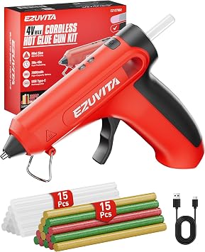 4V Red Cordless Hot Glue Gun Kit with 30 Multi-Color Glue Gun Sticks, USB-C Rechargeable with 2600mAh Built-in Battery, Less-Drip Hot Melt Glue Gun for DIY, Crafting, Art, Mothers Day Gift