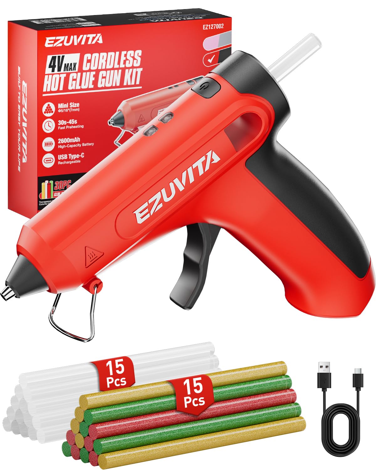 Ezuvita Red Cordless Hot Glue Gun, 4V Usb-C Rechargeable Mini Glue Gun Kit With 30 Glue Sticks, 2600Mah Battery, Fast Preheat, Anti-Drip, Auto Shut Off For Crafts, Diy, Decorations, Home Repairs (Red)