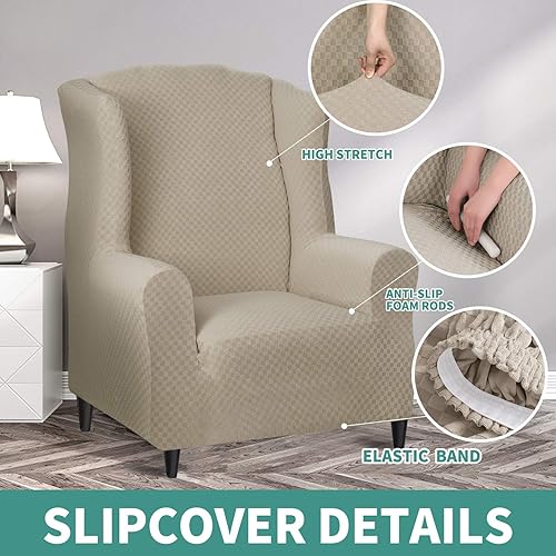 Miniatura 4 de YEMYHOM 1 funda elástica para silla con respaldo de ala + funda otomana de tamaño pequeño (caqui)