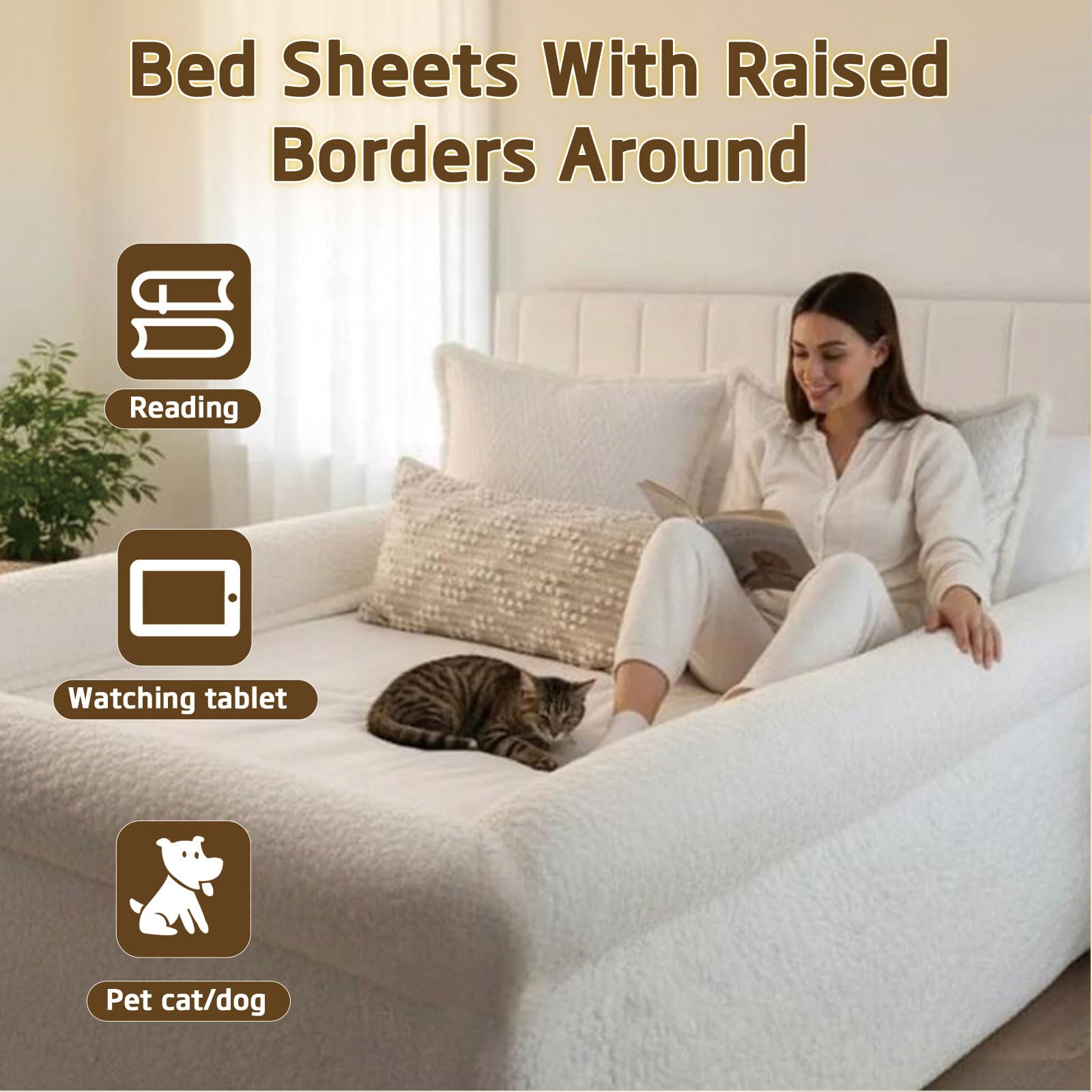 Sábana de cama con bordes acolchados, sábana bajera de sherpa con bordes elevados para un sueño seguro, cierre suave similar a un nido, bolsillo profundo antideslizante, transpirable y lavable a