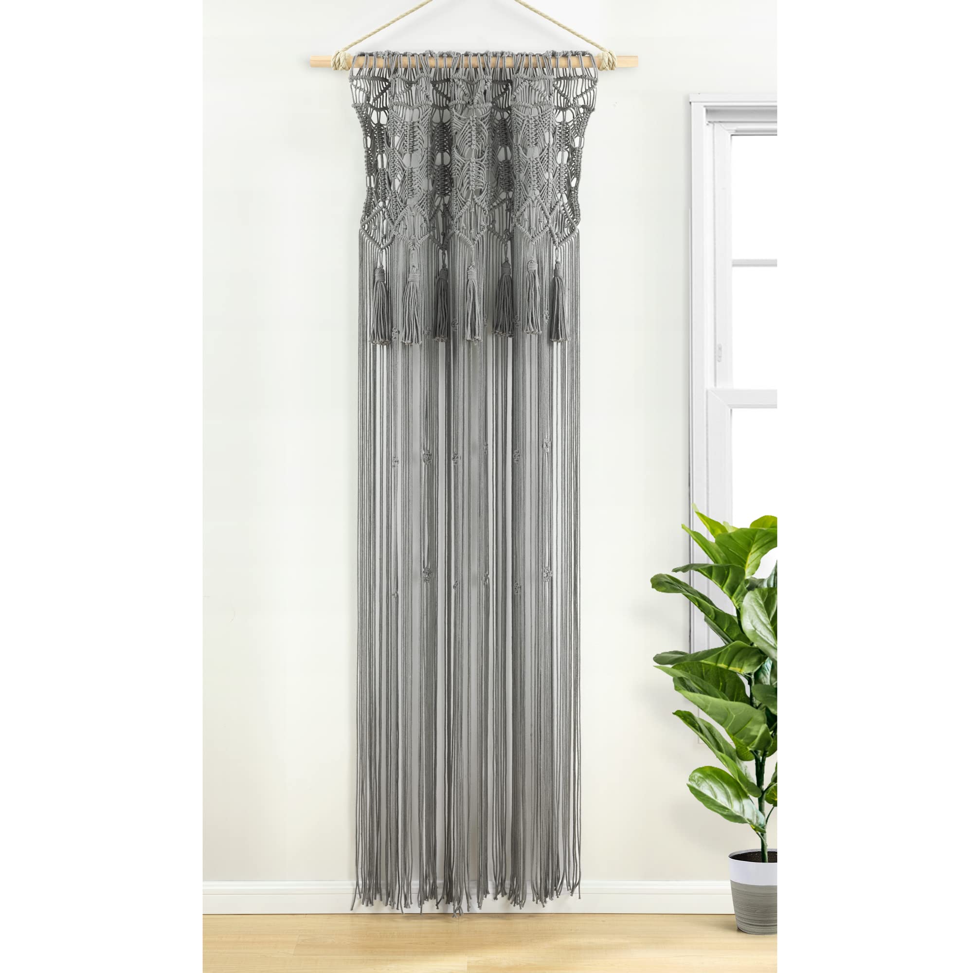 Lush Decor Rideau de fenêtre bohème en Coton macramé avec Pompons - Séparateur de pièce - Toile de Fond de Mariage - Décoration Murale - 213,4 cm (L) x 127 cm (l) - Gris