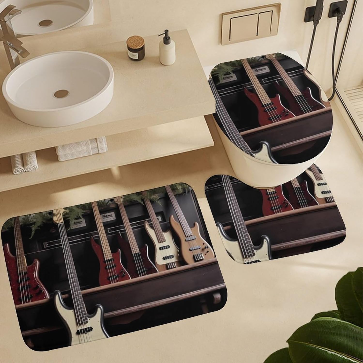 Guitar Bass Music Musical Instruments Shower Curtain Set 4 Piece, Non-Slip Bath Mat with Toilet Lid Cover and Waterproof Shower Curtain with 12 Hooks, Complete Bathroom Set for Home Decor