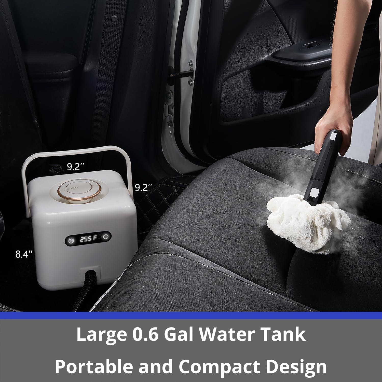 GROBELL Steam Cleaner being used to clean car upholstery, highlighting its portable design and large water tank capacity.