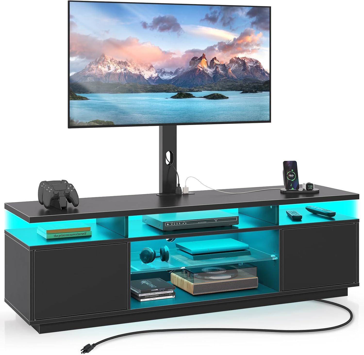 Rolanstar TV Stand with Mount and Power Outlet 59.1″, Swivel TV Stand Mount for 32/45/55/60/65/70 inch TVs, Height Adjustable Modern Entertainment Center with Storage & LED Lights, Black TV Table Rolanstar TV Stand with Mount and Power Outlet 59.1″, Swivel TV Stand Mount for 32/45/55/60/65/70 inch TVs, Height Adjustable Modern Entertainment Center with Storage & LED Lights, Black TV Table