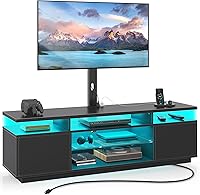 Rolanstar 51.2" Swivel TV Stand with Mount, Power Outlet & RGB LED Lights for 32-70" TVs - Height Adjustable Entertainment Center with Storage, Black