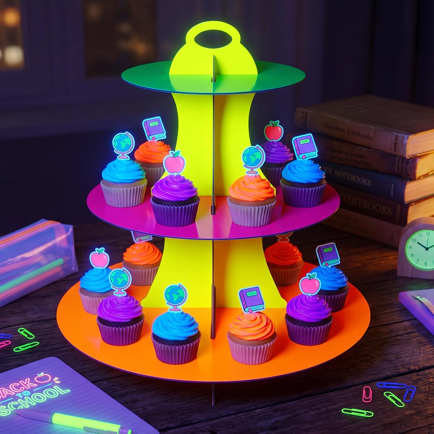 Glow in the Dark Neon 3-Tier Cupcake Stand, 1 Set Cardboard