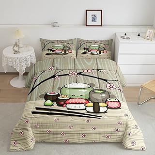 Sushi Comforter Set Japanese-Style Bedding Set for Kids Boys Girls Teens Food Theme Comforter Kawaii Cartoon Japanese Sushi Duvet Set Bedroom Decor Cherry Blossoms Quilted Comforter Gray Pink Twin