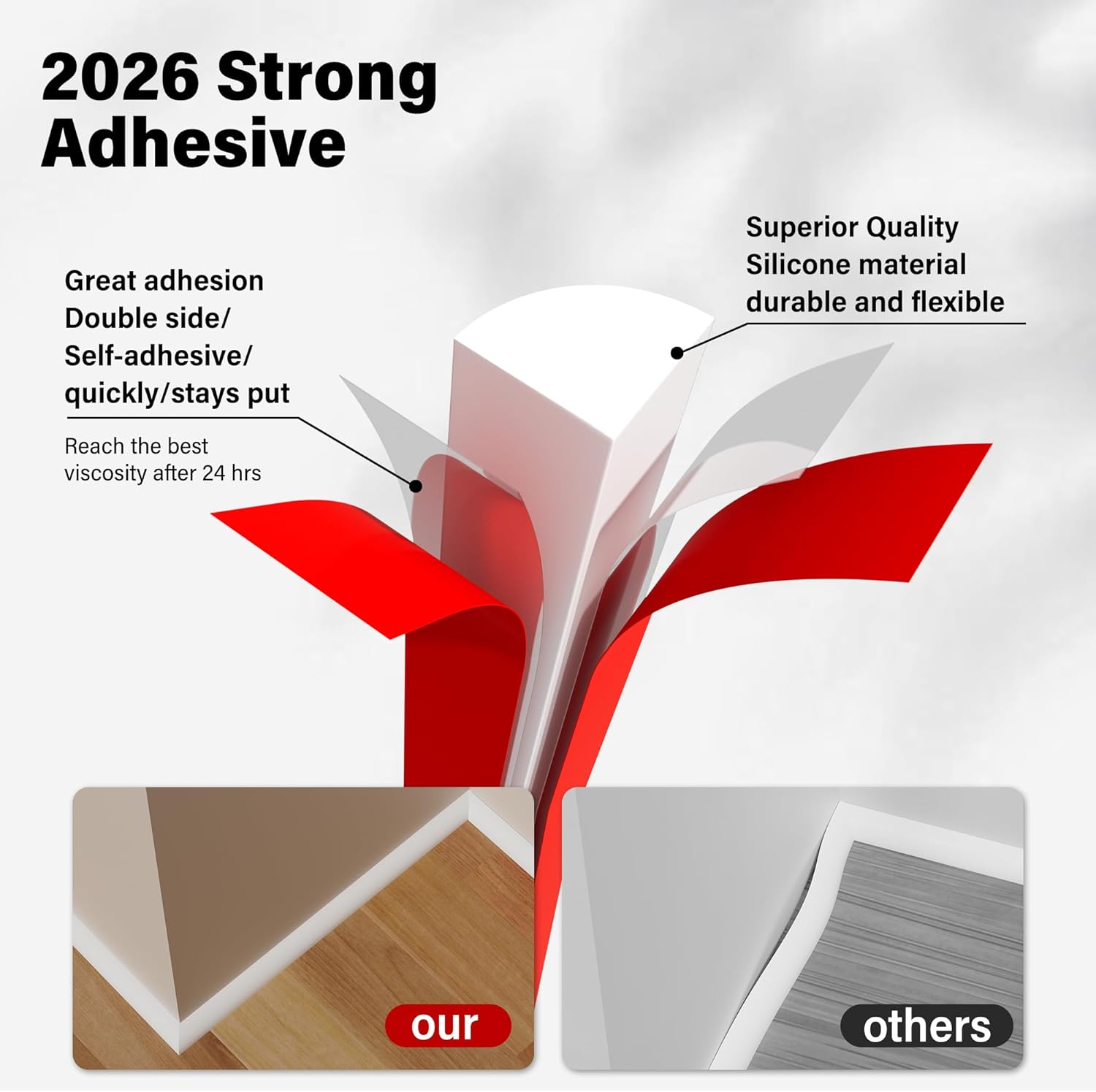 0.6 Inch (W) x 472Inch(L) Flexible Quarter Round Molding, Peel and Stick Wall Molding, Rubber Edge Trim for Floor, Bendable Trim for Curved Stairs, Corner, Tub,Cabinet (White)