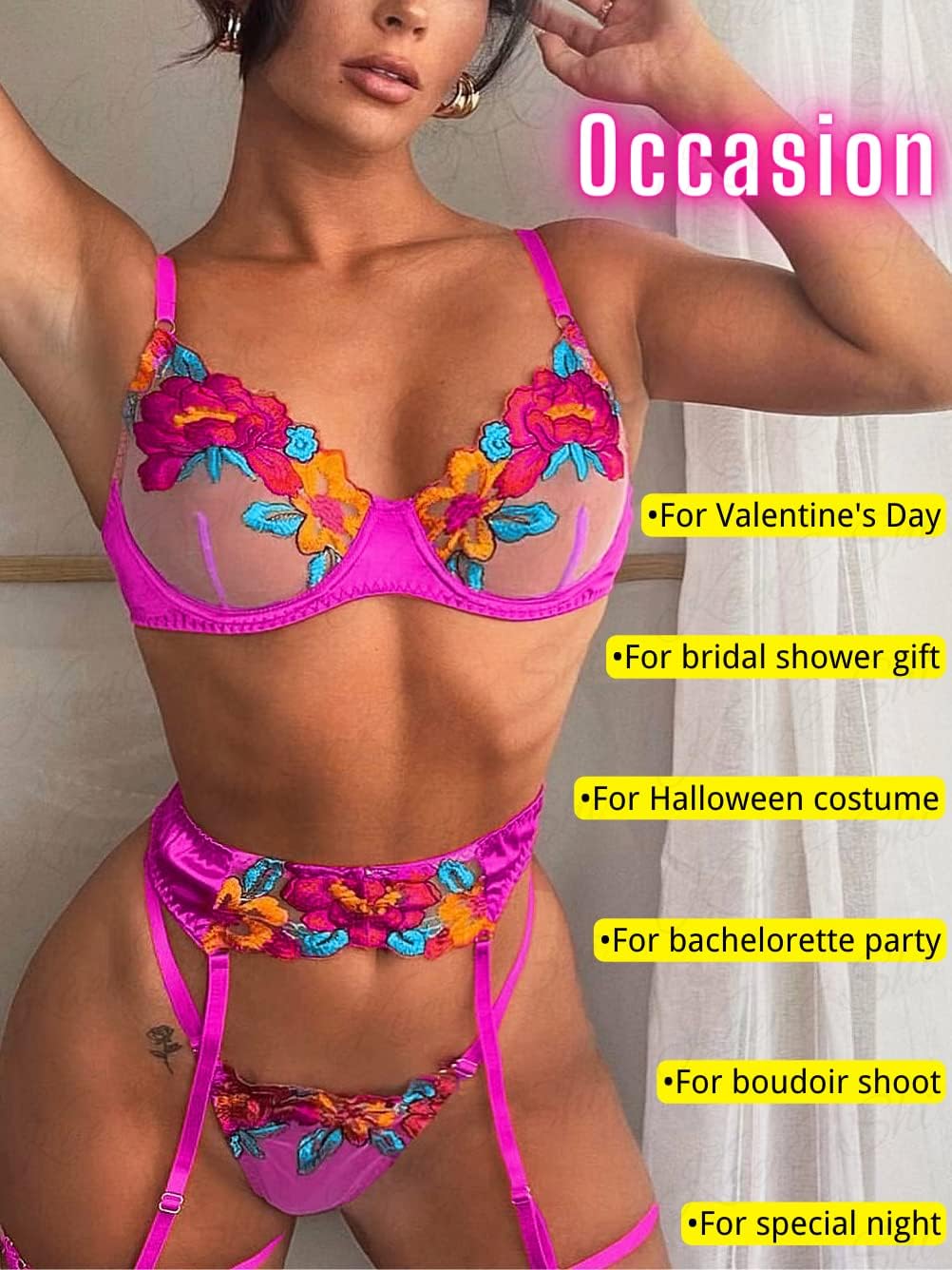 Kaei&Shi Lingerie Garter Set,Underwire Floral Embroidered Sheer Lace Lingerie,3 Piece Sexy Boudoir Outfits Valentines Day - Image 4