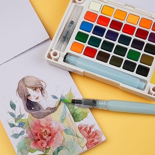 Miniatura 9 de Juego de pintura de acuarela, juego de pintura de viaje, tamaño compacto, juego de pintura portátil con bolígrafo de agua, 24 hojas de papel de