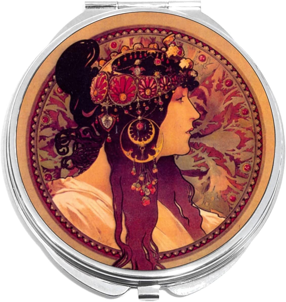 Art Nouveau Donna Orecchini Compact with Mirrors - Perfect Pocket and Purse Size Folding Mirror for Applying Make Up Anywhere