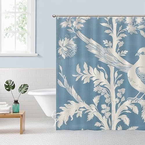 Miniatura 130 de Cortinas de ducha de baño con ganchos, 72 x 92 pulgadas, cortina de ducha de tela impermeable con diseño de flores y pájaros, cortina de ducha