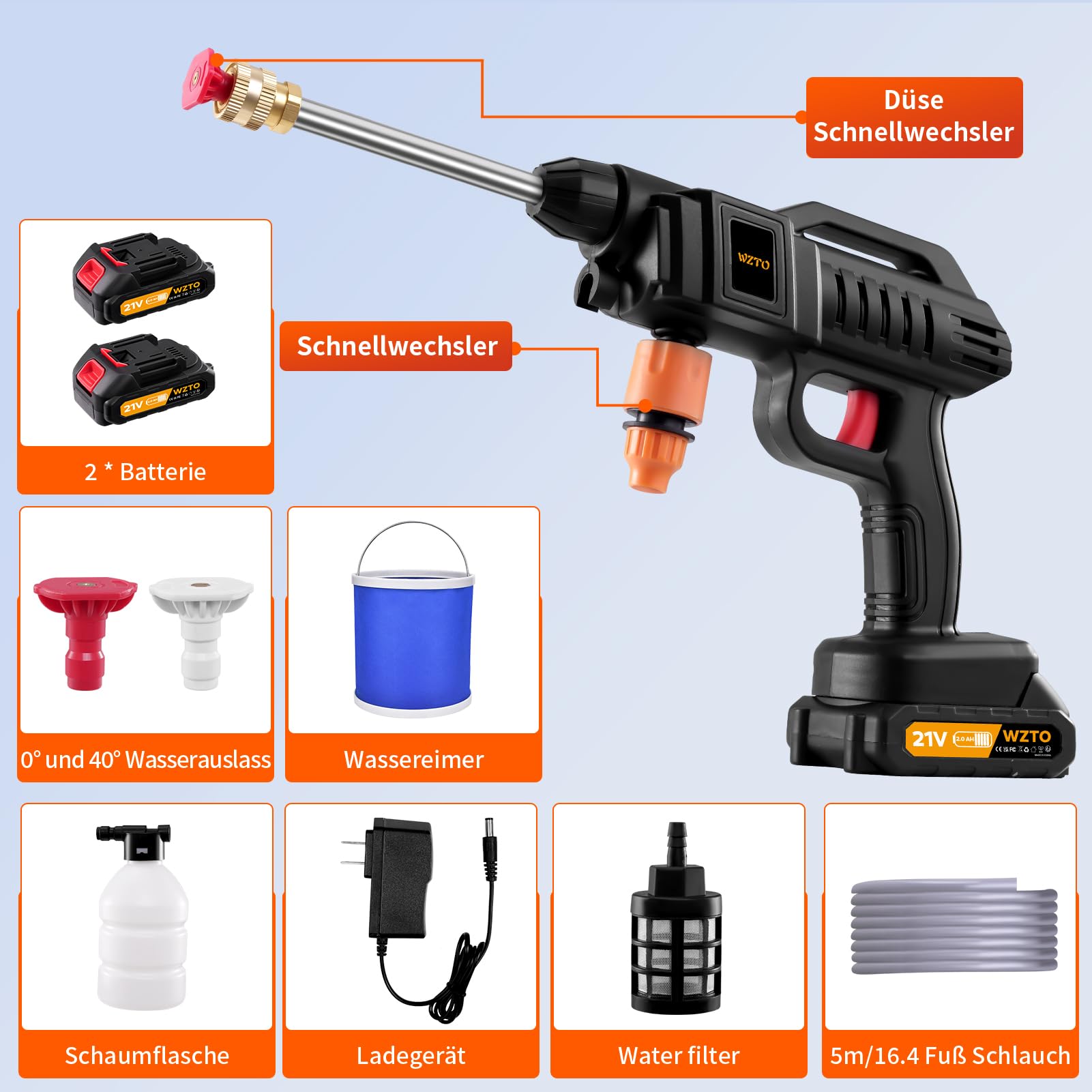Nettoyeur haute pression sans fil, 21 V, 60 bars, mobile, avec 2 batteries, buse 3 en 1, tuyau de 5 m, nettoyeur haute pression portable pour voiture, terrasse, fenêtre, pelouse