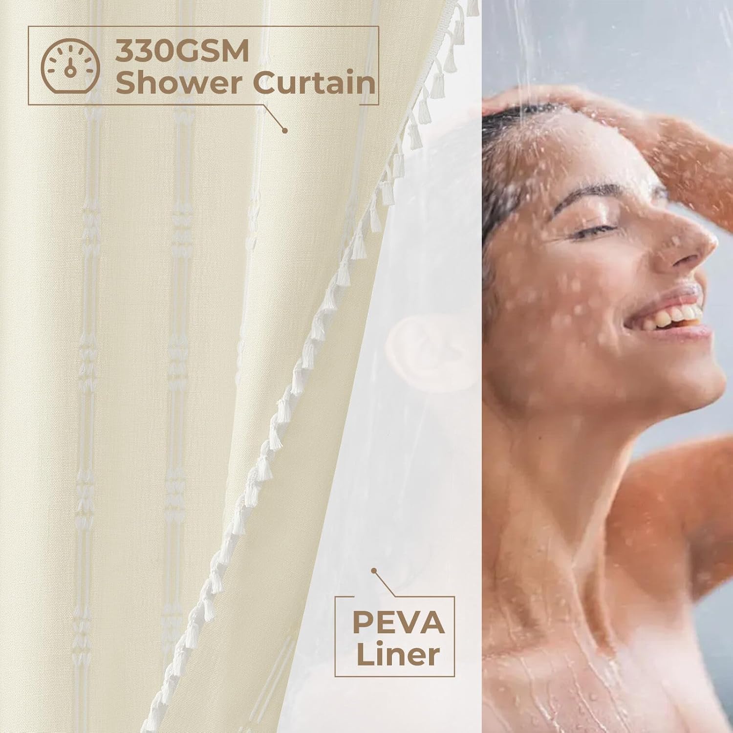 downluxe Linen Texture 3 in 1 Farmhouse Shower Curtain Set with Tassel, Boho Fabric Shower Curtains for Bathroom, Cream, 60W x 72L